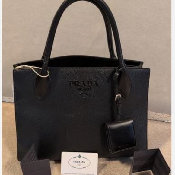 PRADA MONOCHROME TWO WAY TOTE/CROSSBODY AUTHENTICATED PREMIUM CONDITION SILVER - Picture 1 of 16